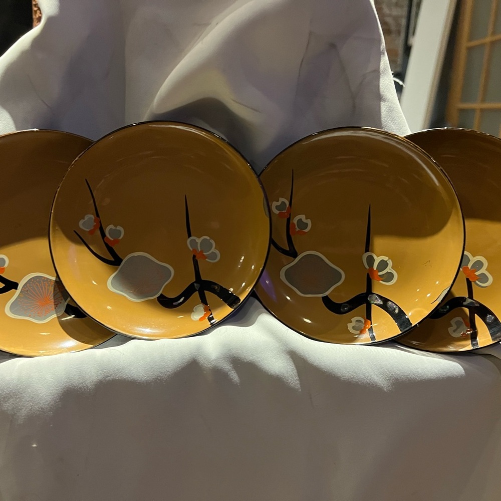 Vintage Japanese lacquer ware wood coaster plates. Mid-century Made in Japan